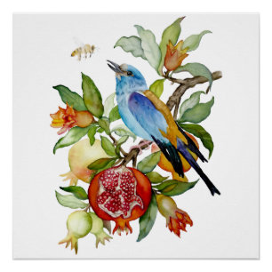 Blauwe Vogel Tussen Granaatappels Waterverf Botani Perfect Poster