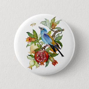 Blauwe Vogel Tussen Granaatappels Waterverf Botani Ronde Button 5,7 Cm