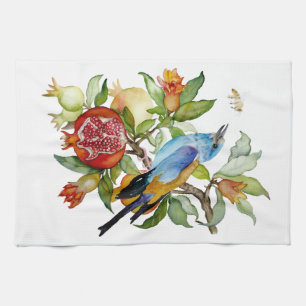 Blauwe Vogel Tussen Granaatappels Waterverf Botani Theedoek