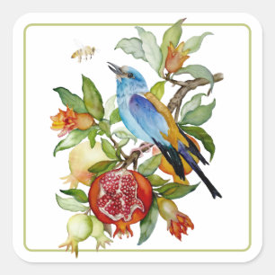 Blauwe Vogel Tussen Granaatappels Waterverf Botani Vierkante Sticker
