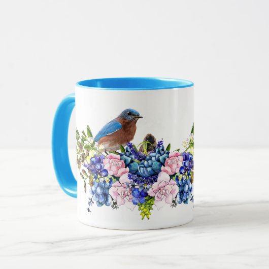 Blauwe Vogel van Geluk Gepersonaliseerde Bloemen Mok (Voorkant links)