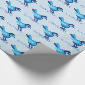 Blauwe vogel van geluk kruisstieke stippen cadeaupapier (Hoek)