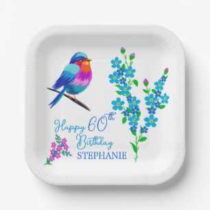Blauwe vogel Vergeet mij niet Bloemen 60ste Verjaa Papieren Bordje