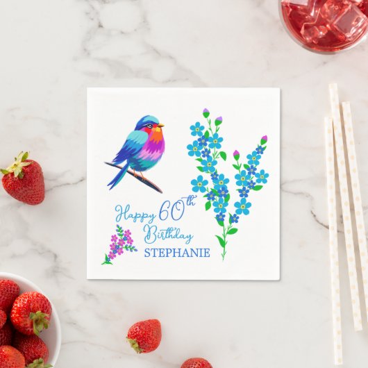 Blauwe vogel Vergeet mij niet Bloemen 60ste Verjaa Servet (Insitu)