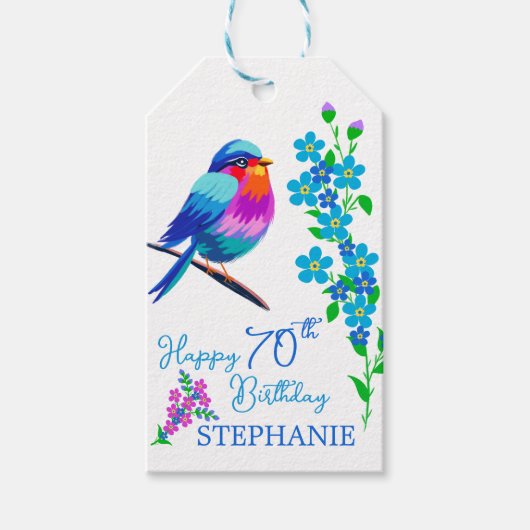 Blauwe vogel Vergeet mij niet Bloemen 70ste Verjaa Cadeaulabel (Voorkant)