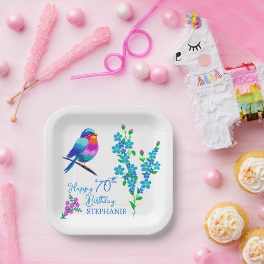 Blauwe vogel Vergeet mij niet Bloemen 70ste Verjaa Papieren Bordje (Feest)