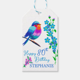 Blauwe vogel Vergeet mij niet Bloemen 80ste Verjaa Cadeaulabel