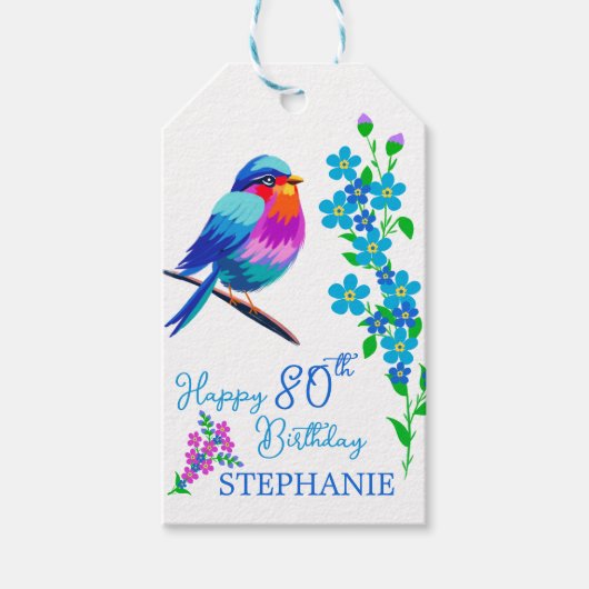 Blauwe vogel Vergeet mij niet Bloemen 80ste Verjaa Cadeaulabel (Voorkant)