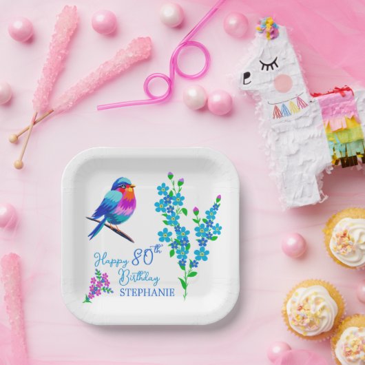 Blauwe vogel Vergeet mij niet Bloemen 80ste Verjaa Papieren Bordje (Feest)