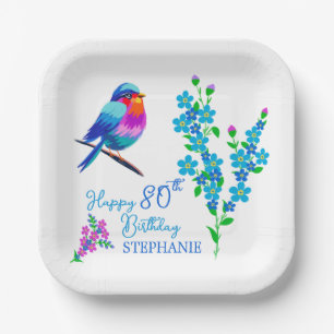 Blauwe vogel Vergeet mij niet Bloemen 80ste Verjaa Papieren Bordje