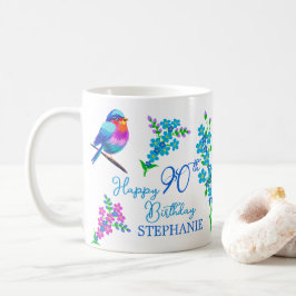 Blauwe vogel Vergeet mij niet Bloemen 90ste Verjaa Koffiemok