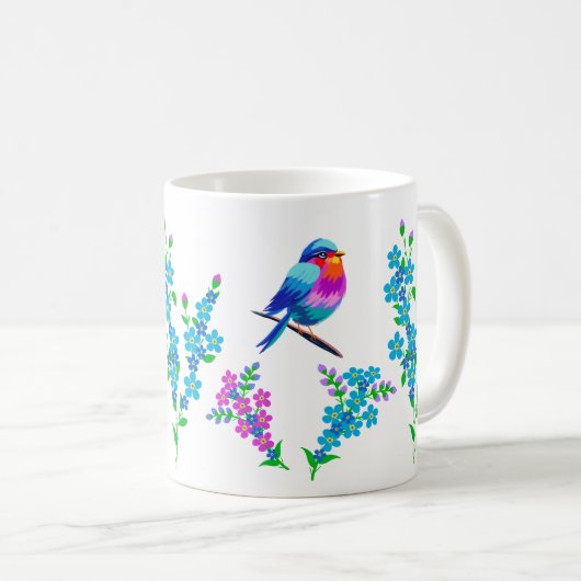 Blauwe vogel Vergeet mij niet Bloemen 90ste Verjaa Koffiemok (Voorkant rechts)