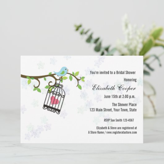 Blauwe vogel, vogelkooi, Shower Invitation Kaart (Staand voorkant)