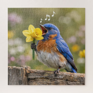 Blauwe Vogel Zingt in een Gele Narcis Legpuzzel