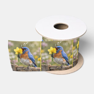 Blauwe Vogel Zingt In Een Gele Narcis Satijnen Lint