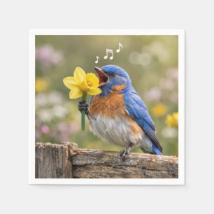 Blauwe Vogel Zingt in een Gele Narcis Servet