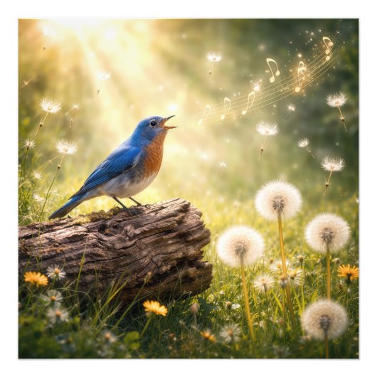 Blauwe Vogel Zingt in Zonneschijn Foto Afdruk (Voorkant)
