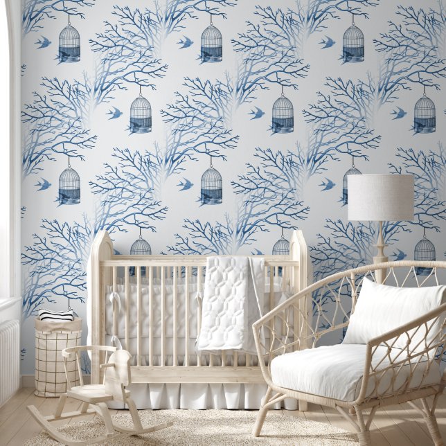 Blauwe Vogelkooi Bare takken Wallpaper Behang (Kinderen)