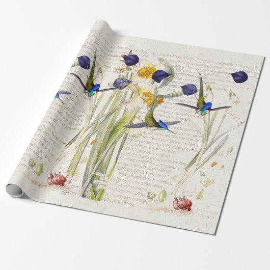 Blauwe vogelpest Daffodil Narcissus Flowers Cadeaupapier (Uitgerold)