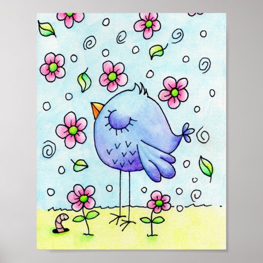 Blauwe vogelpest en bloemen poster (Voorkant)