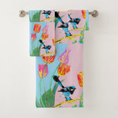Blauwe vogelroze en blauwe bloemen handdoekset bad handdoek (Insitu)