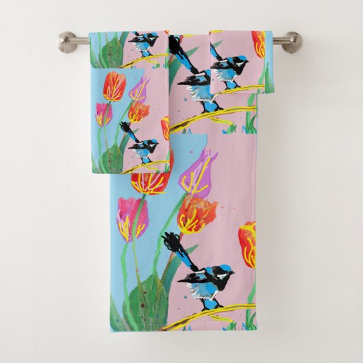 Blauwe vogelroze en blauwe bloemen handdoekset bad handdoek (Insitu)