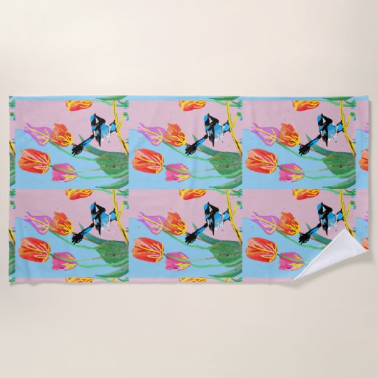 Blauwe vogelroze en blauwe bloemen strandlaken (Voorkant)