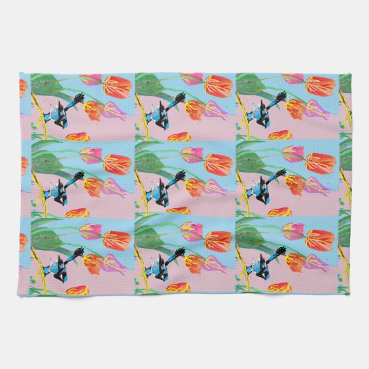 Blauwe vogelroze en blauwe bloemen theedoek (Horizontaal)