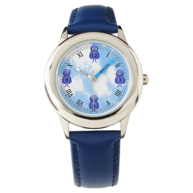 Blauwe vogels Arabisch Romeinse cijfers Horloge (Voorkant)