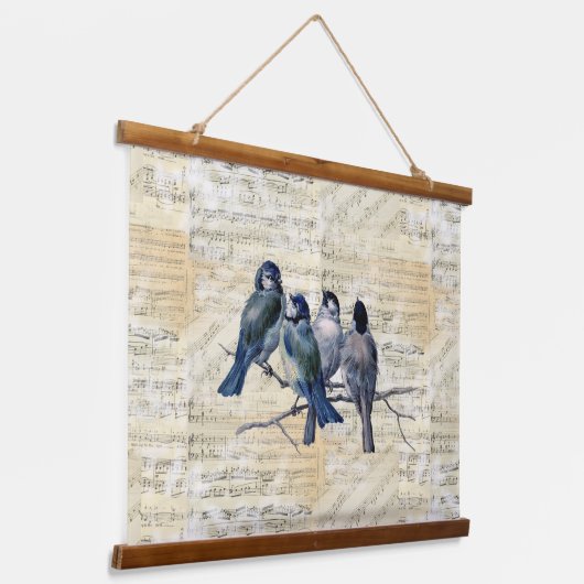 Blauwe vogels blad Muziektapijtschafting Hangend Wandkleed (Gebogen)