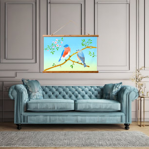 Blauwe vogels Bleekblauw & Groen Hangend Wandkleed