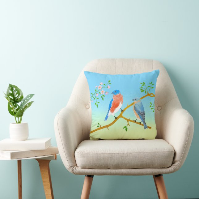Blauwe vogels Bleekblauw & Groen Kussen (Stoel)