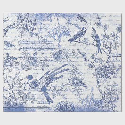 Blauwe Vogels Bloemen Frans Script Cadeaupapier (Vlak)