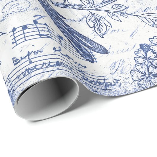 Blauwe Vogels Bloemen Frans Script Cadeaupapier (Rol Hoek)