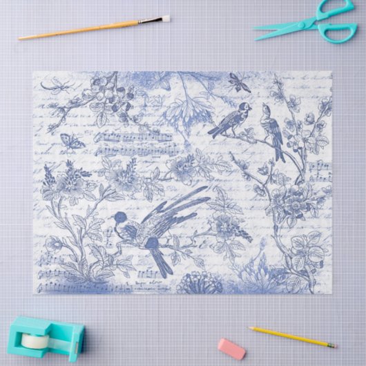 Blauwe Vogels Bloemen Frans Script Tissuepapier (Craft)