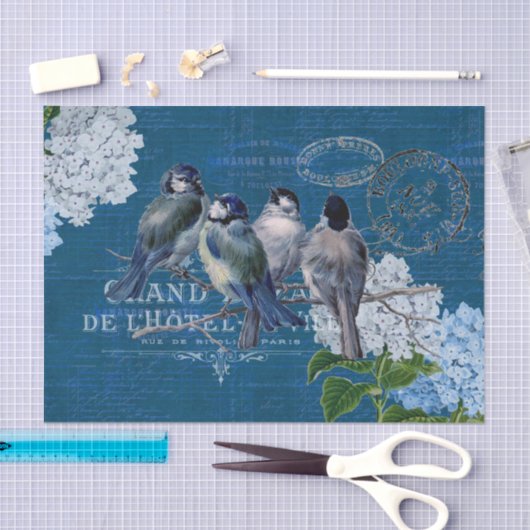  blauwe vogels bloemen Frans weefselboek Tissuepapier (Craft)