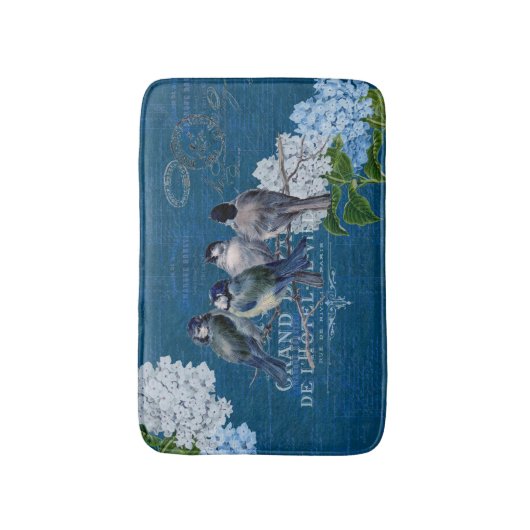  blauwe vogels bloemen Franse badmat (Voorkant Verticaal)