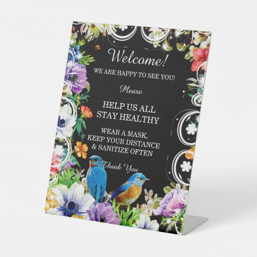 Blauwe Vogels & Botanische Bloemen Veiligheidsmaat Reclamebord Met Voetstuk (Voorkant)