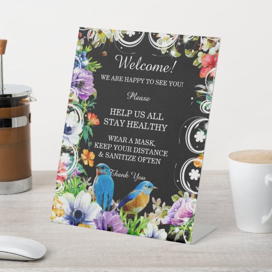 Blauwe Vogels & Botanische Bloemen Veiligheidsmaat Reclamebord Met Voetstuk (Insitu)