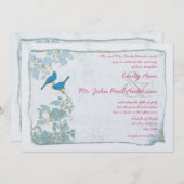 blauwe vogels Damask roze lettertype bruiloft uit Kaart (Voorkant / Achterkant)