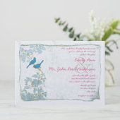 blauwe vogels Damask roze lettertype bruiloft uit Kaart (Staand voorkant)