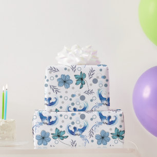 Blauwe Vogels en Bloemige Harmonie Naadloos Patroo Cadeaupapier