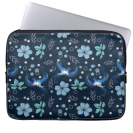 Blauwe Vogels en Bloemige Harmonie Naadloos Patroo Laptop Sleeve