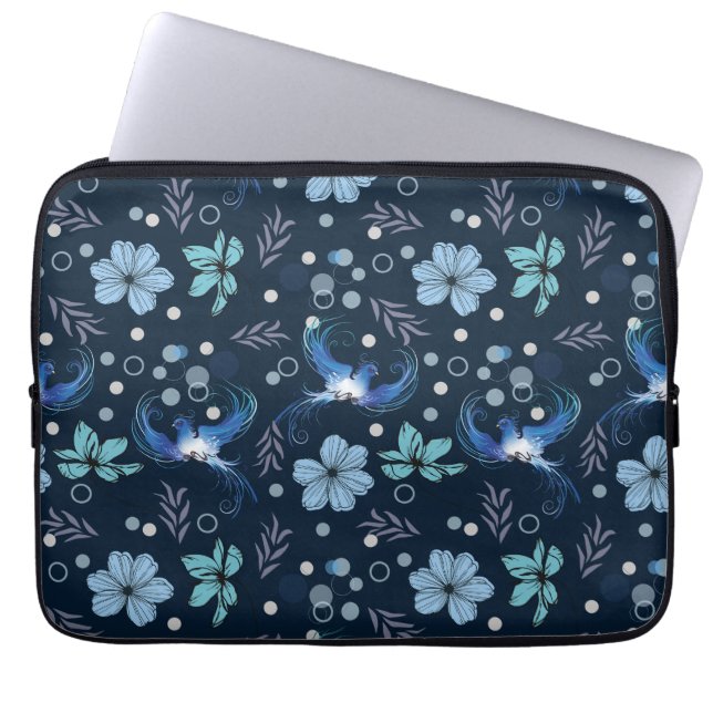 Blauwe Vogels en Bloemige Harmonie Naadloos Patroo Laptop Sleeve (Voorkant)