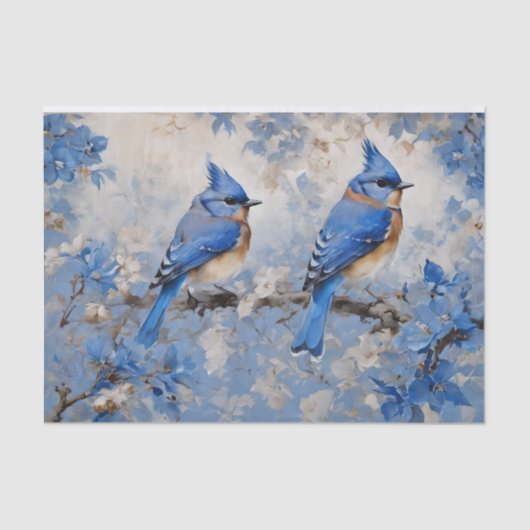 Blauwe Vogels en Bloesems Decoupage Weefseldocumen Tissuepapier (Voorkant)