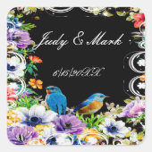 Blauwe Vogels en Botanische Bloemen Huwelijkszegel Vierkante Sticker (Voorkant)