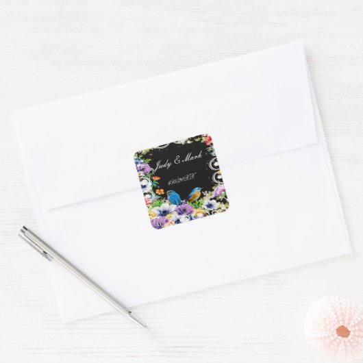 Blauwe Vogels en Botanische Bloemen Huwelijkszegel Vierkante Sticker (Envelop)