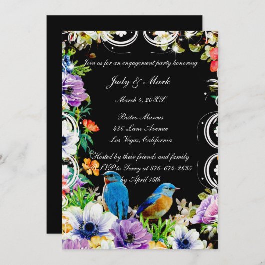 Blauwe Vogels en Botanische Bloemen Verlovingsfees Kaart (Voorkant / Achterkant)