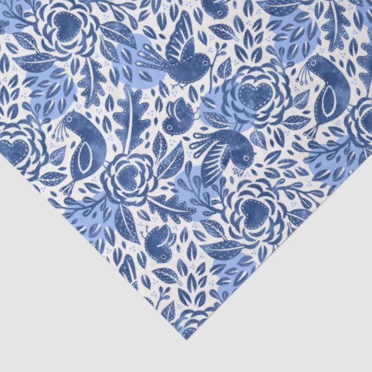 Blauwe vogels en harten geïllustreerde decoupage tissuepapier (Detail)