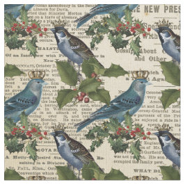 blauwe vogels en kerst Holly Berries Stof